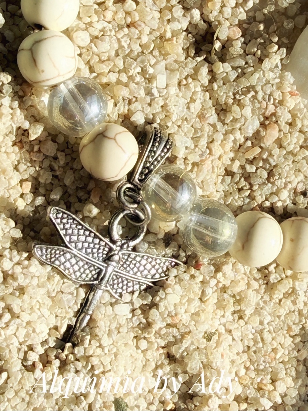 SUMMER Cream turquoise and aura quartz Beaded Bracelet with Dragonfly Charm